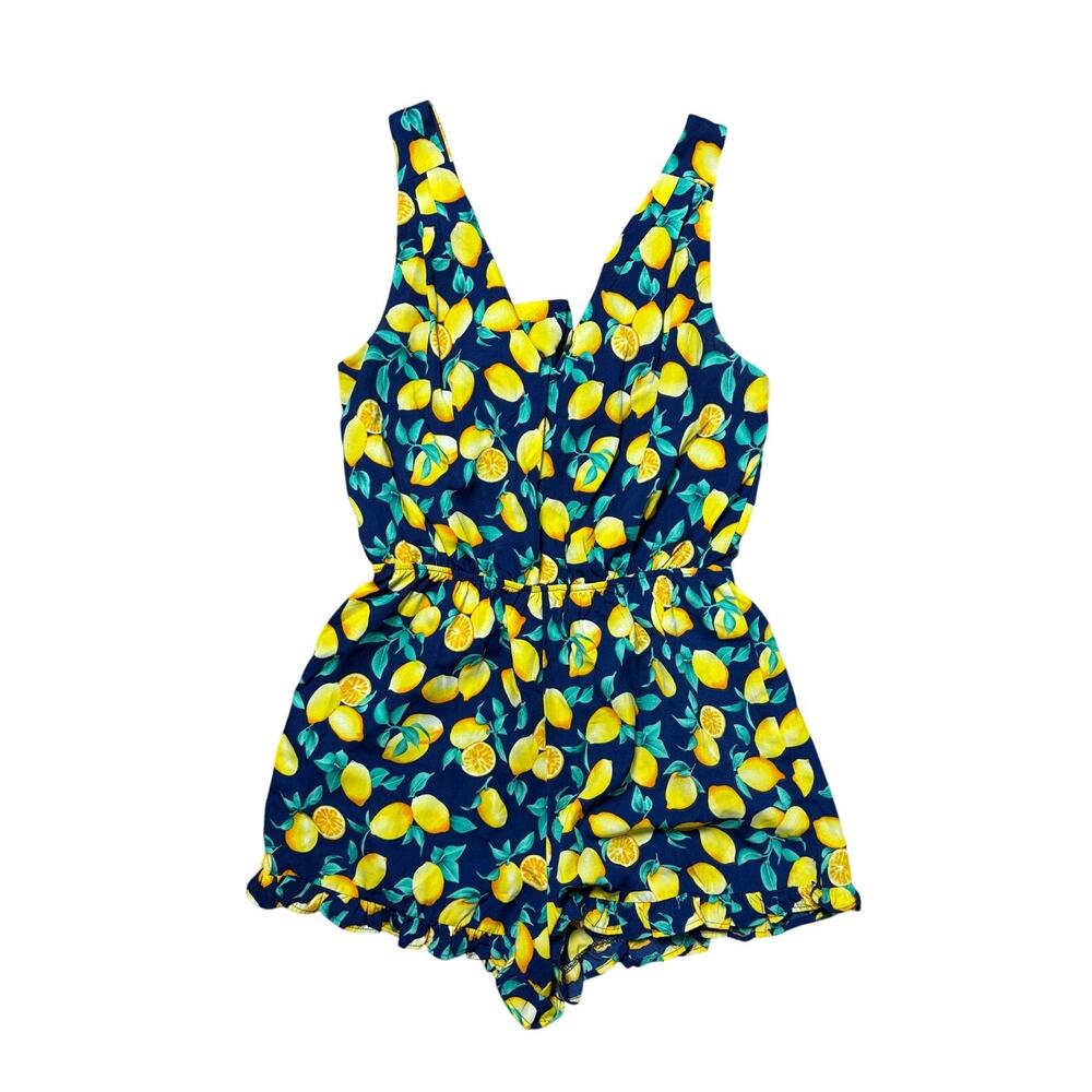 Francesca's Blue Rain Blue Lemon Print Ruffle Hem Romper w/Cutout Back Small EUC
